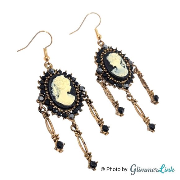 Vintage Style Black Cameo Gothic Chandelier Dangle Earrings Victorian Revival - Picture 5 of 8